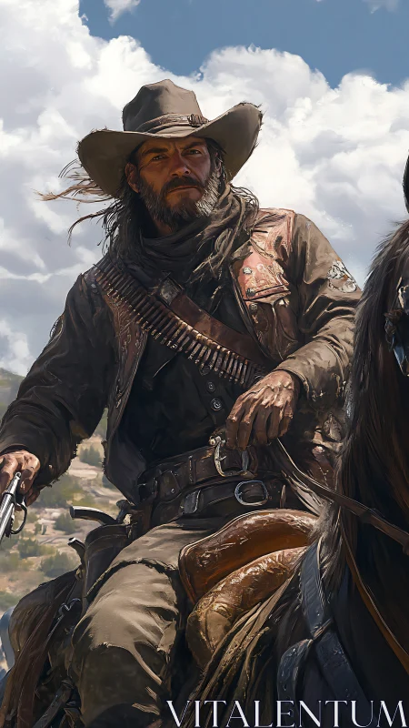 Windworn frontier rider with tactical gear under high sun.