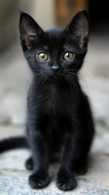 Black Feline Portrait: Striking Golden Eyes and Urban Ground Setting.