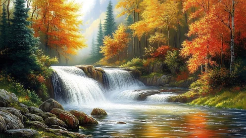 Luminous autumn waterfall landscape in high-detail digital painting.