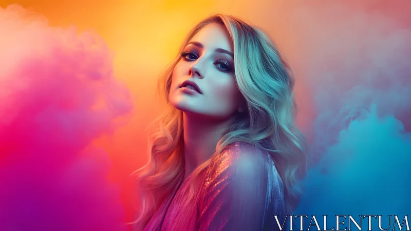 Chromatic portrait of blonde model in neon gradient haze.