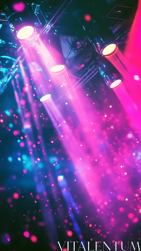 Stage spotlights emitting magenta and cyan beams overhead.