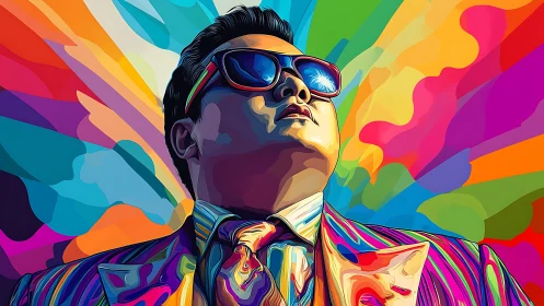 Pop art portrait in saturated prismatics and radial burst design.