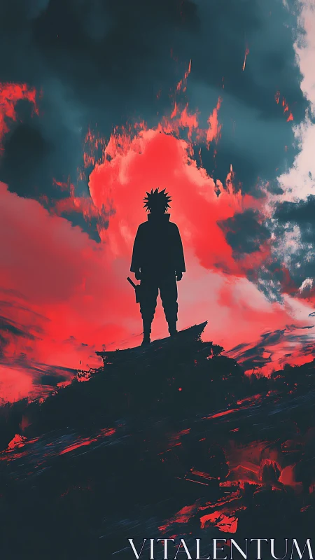 Silhouette warrior carves calm into a storm of red clouds