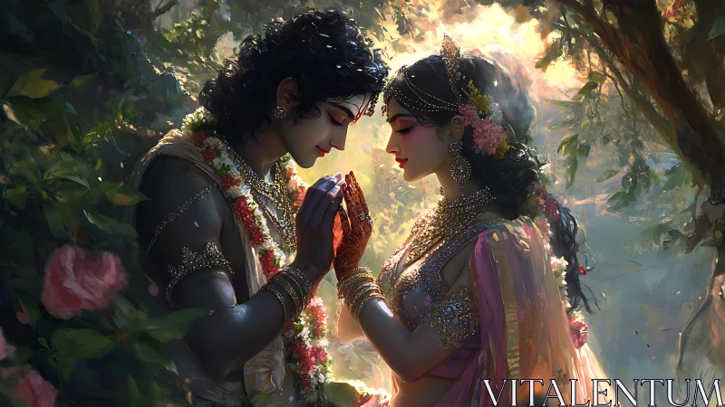 Two jeweled figures embrace beneath luminous canopy in ornate garden setting.