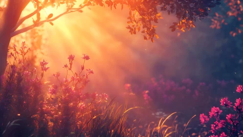 Golden sunrise spilling softly across a secret garden.