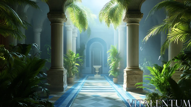 Palatial colonnade with volumetric light and dense tropical foliage.