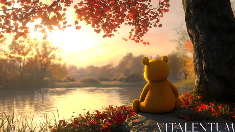 Yellow teddy bear sits by autumn lake at warm sunset.