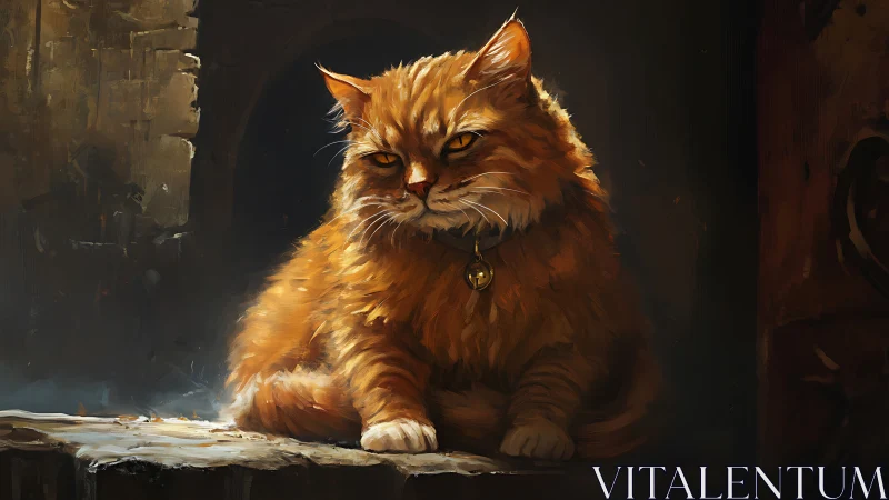 Golden Persian Cat with Bell Collar in Dramatic Chiaroscuro Setting
