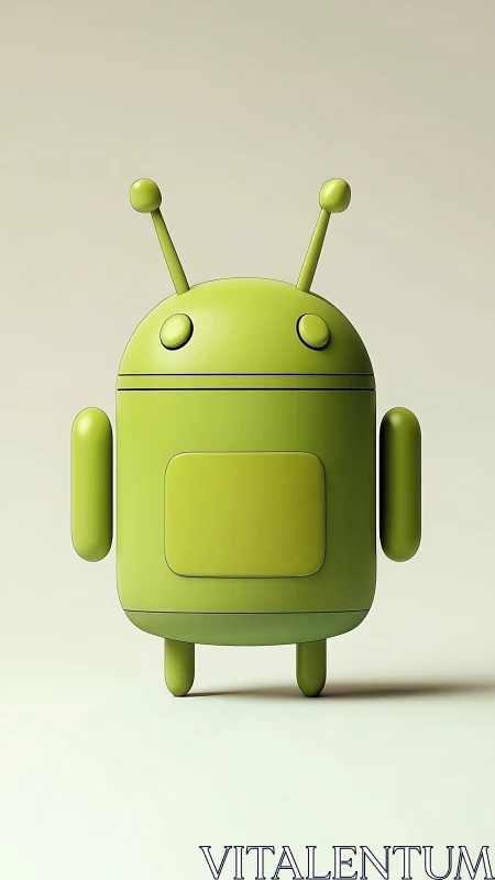 Green robot mascot figure on neutral studio background.