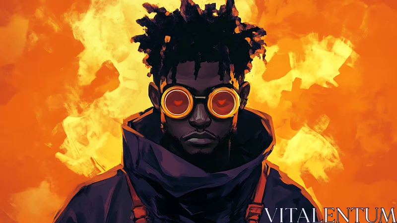 Vivid portrait of goggled figure in blazing orange void.