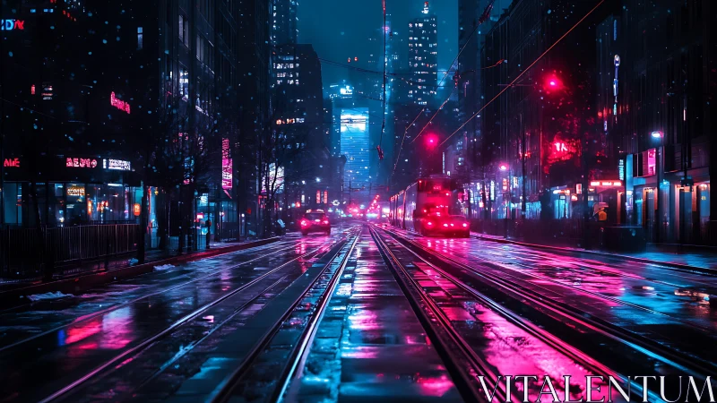 Neon streetcar tracks cut through electric midnight rain glow.