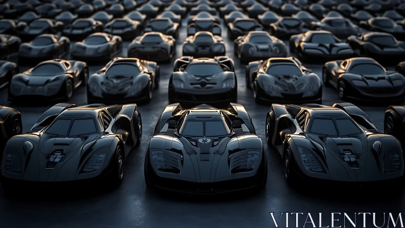 Rowed high‑performance sports cars in reflective lighting.