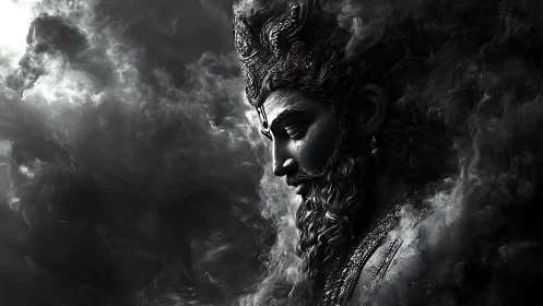 Profile view shows detailed bearded deity statue in drifting smoke