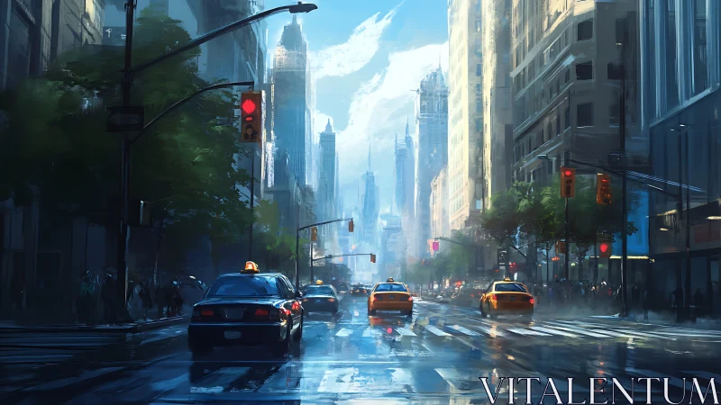 Rain-kissed city canyon hums under amber taxi halos