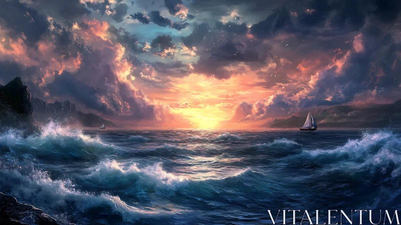 Distant sailboat crosses rough ocean under dense sunset clouds