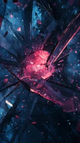 Shattered crystalline core glowing red in dark space.