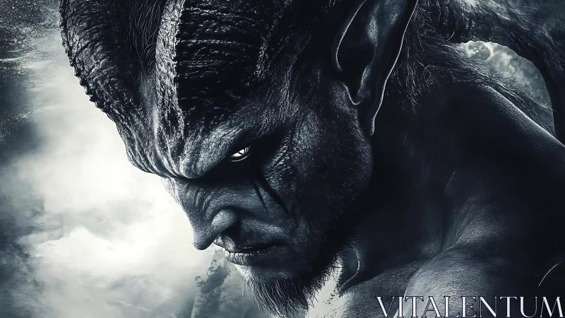 Monochrome close-up of horned demonic humanoid in profile