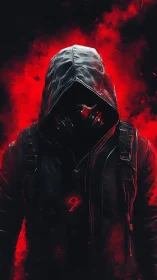 Hooded emberwalker stalks through neon crimson smoke