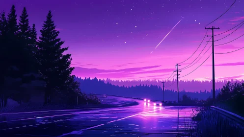 Purple twilight highway with car headlights and forested horizon.
