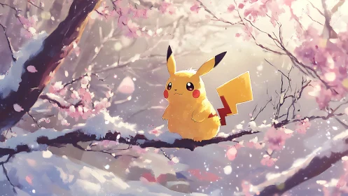 Pikachu on snow‑dusted sakura branch under diffuse spring light.