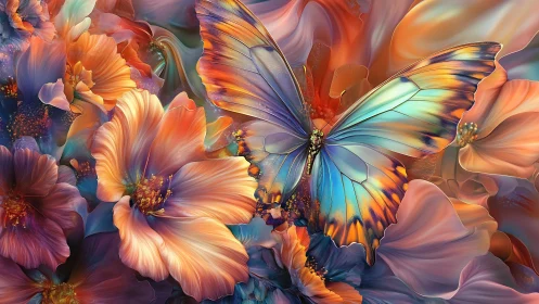Iridescent butterfly glows amid swirling pastel blossoms