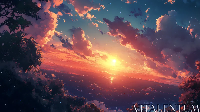 Glowing ocean sunset paints clouds with vivid warm light