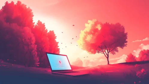 Glowing laptop in neon sunset forest contrasts digital isolation