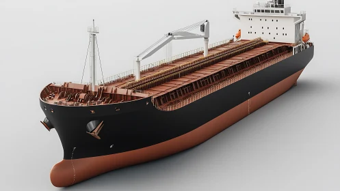 Bulk carrier cargo vessel render with detailed deck layout.