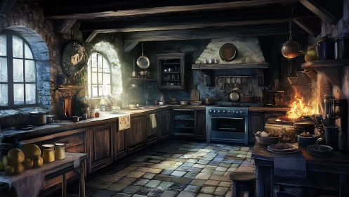 Sunlit rustic kitchen glowing with cozy hearth warmth.