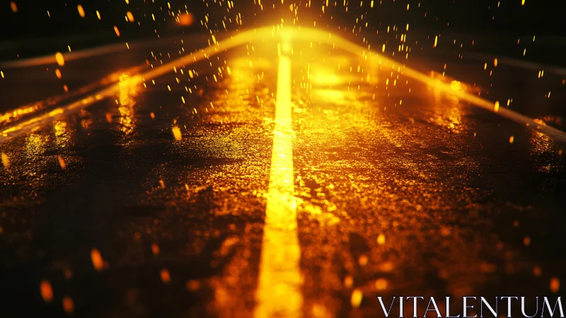 Wet city road reflects intense golden backlit rainfall