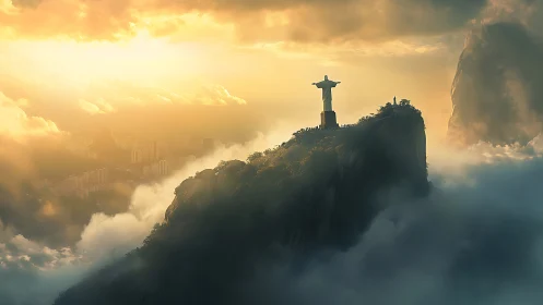 Atmospheric aerial study of monument on cloud-laced peak.