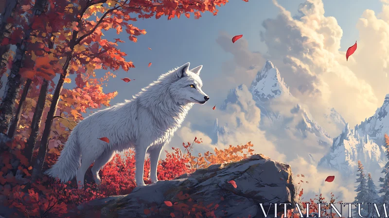 White wolf overlooks blazing autumn valley and peaks.