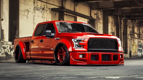 Lowered red custom pickup truck under urban overpass.