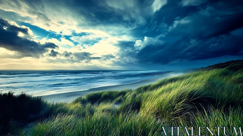 Stormlit coastal dunes under dynamic cinematic sky.