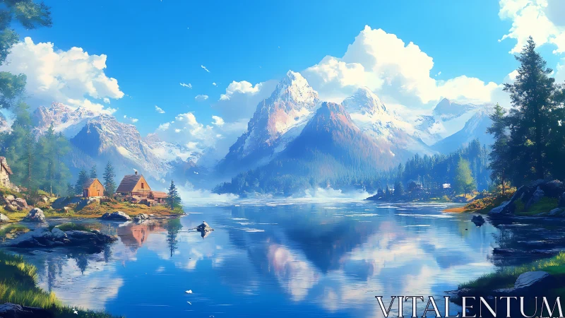 Cozy lakeside cabins beneath bright, snow kissed mountainscape.