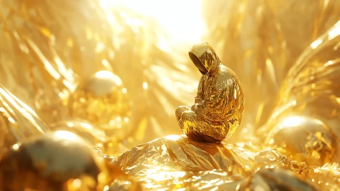 Golden foil-clad hooded figure in luminous abstract landscape