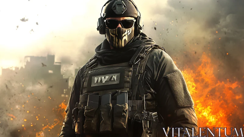 Tactical operator stands before explosions in urban background