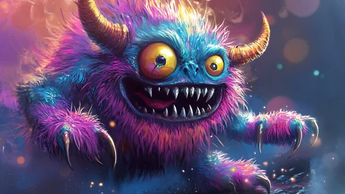 Colorful horned monster with claws in dynamic pose.