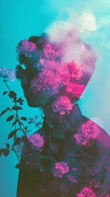 Silhouetted portrait with magenta floral double exposure glow.
