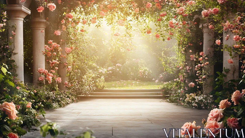Sunlit stone courtyard framed by blooming rose arches.