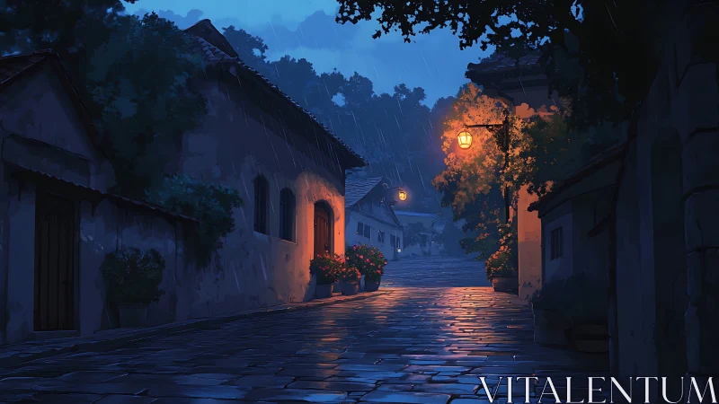 Quiet village lane under soft rainlit lantern glow.