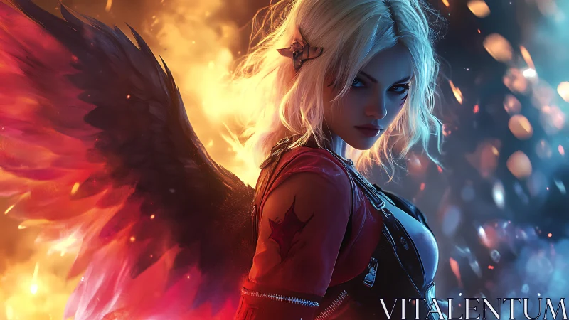 Winged warrior woman in fire and blue embers stares ahead.