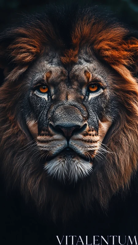 Majestic lion portrait with intense amber gaze in shadowed light.