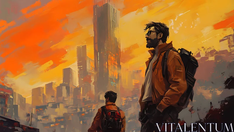 Urban wanderers study fiery sunset city skyline.