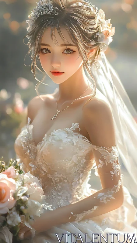 Sunlit anime bride in lace florals and dreamy pastel bloom.