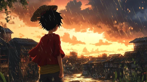 Boy in straw hat watching rainy sunset over old town.