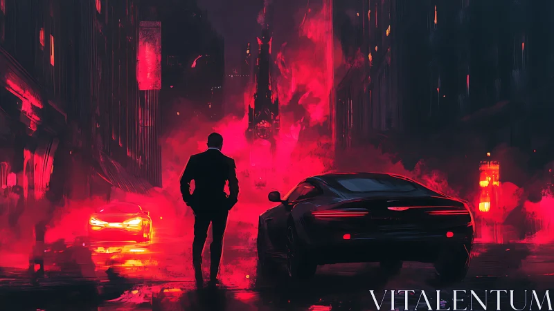 Suit-clad figure and sports car traverse neon-lit cyberpunk avenue