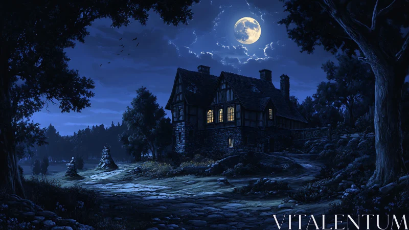 Moonlit cottage glows softly amid a dark enchanted forest.