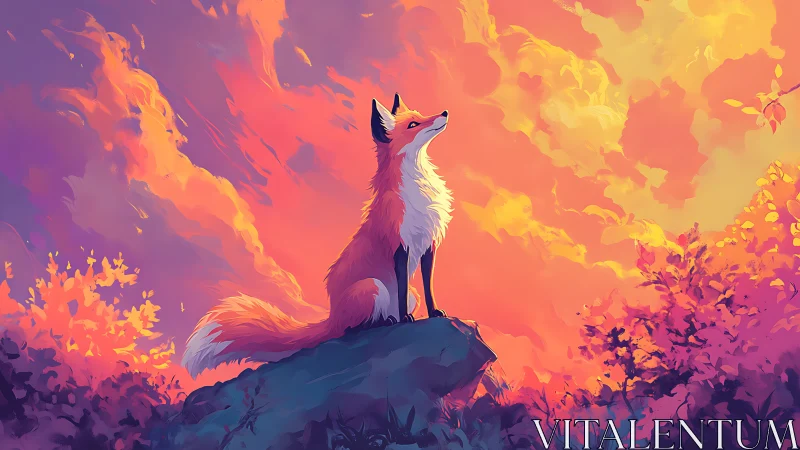 Fox standing on rocky hill under vivid sunset sky.