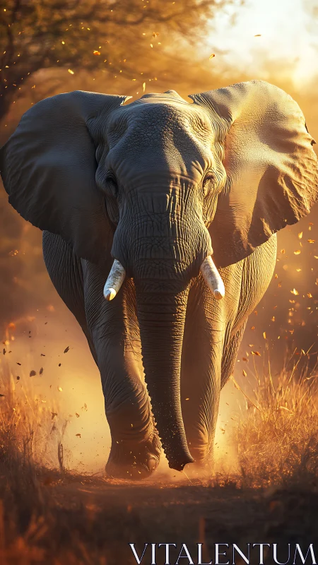 Charging bull elephant strides through glowing savanna dust.